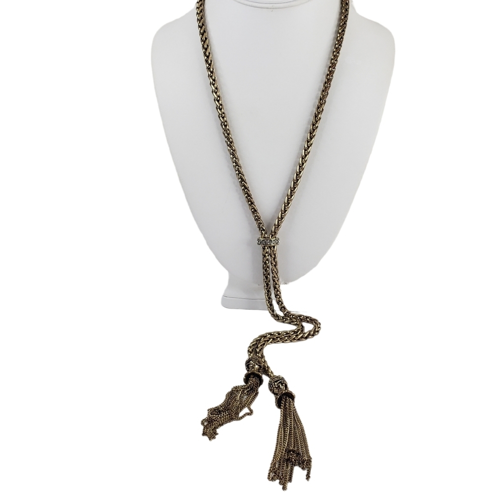 Chico's long chain necklace boho chain tassels chunky rhinestones lariat